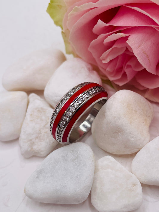 Ezüst gyűrű zománcos cirkóniával " Piros-fehér "